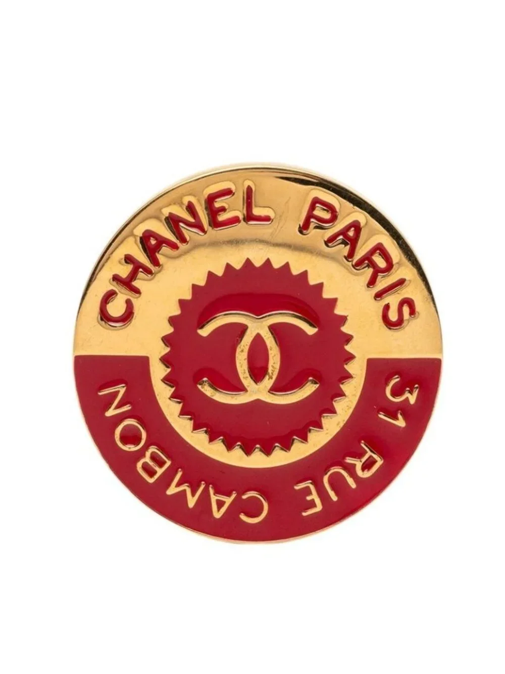 Chanel CC Logo 31 Rue Cambon le Round Brooch Gold Red Plated